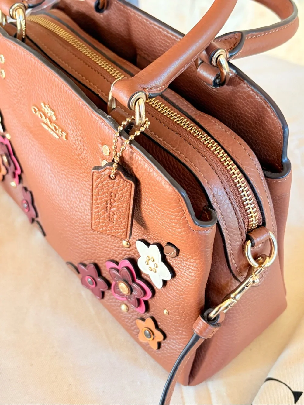 Coach Brown Leather Satchel with Floral Appliqués